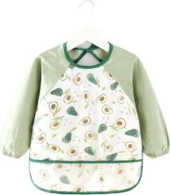 Slabbetje Lange Mouwen Met Brede Opvangbak Meisjes - Jongens - Avocado - Peer - Waterproof - Katoenen Mouwen Met Kunststof Voorzijde - Lange Mouwen Slabber