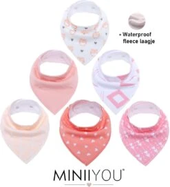 MINIIYOU Bandana Kwijlslabbetjes - Roze/Wit - 6 Stuks - Puntslabbetjes - Katoen