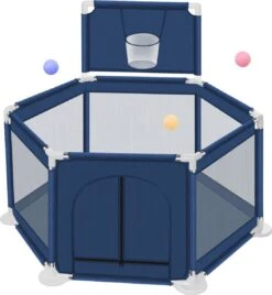 Merkloos Grondbox - Zeshoek Baby Speelbox - Playpen - Kruipbox Met Basketballkorf- Blauw