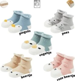 Merkloos Set Van 5 Babysokken - Beestenbende - Katoen - Antislip - 0-12 Maanden - Babysokjes - Baby Slofjes - Kraamcadeau - Baby Cadeau - Geschenkdoos