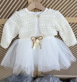Merkloos Luxe Feestjurk-bruidsjurk-doopjurk-doopkleding-bruidsmeisjes-doopsel-bruiloft-verjaardag-fotoshoot-tule Jurk Met Jasje-baby Jurk-tweedelige Set-effen Katoenen Jurk Met Steentjes- Wit Ivoor Kleur - Goudkleur-glitter- Maat 74 - 9 Maanden Tem 12 Maanden