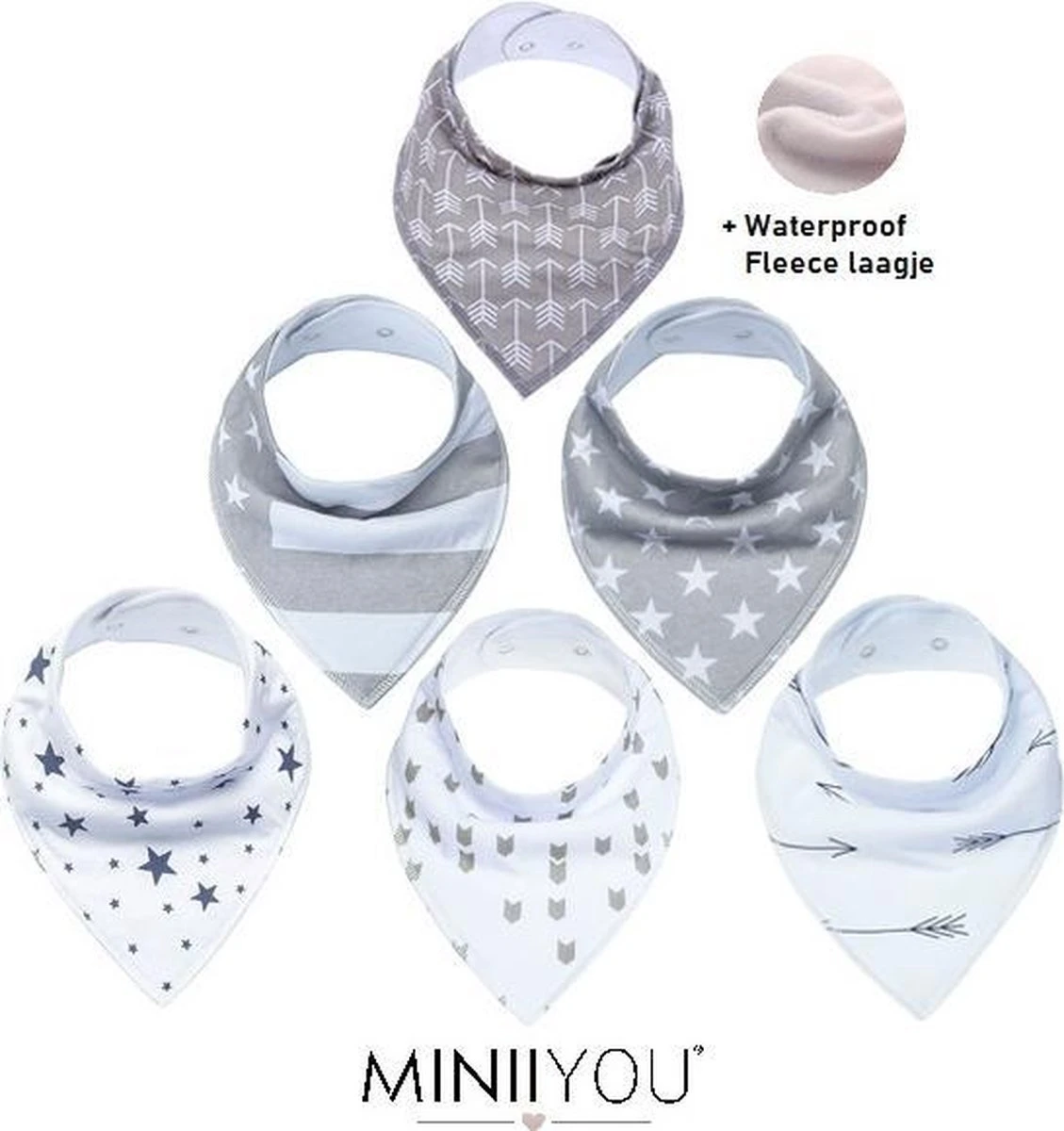 MINIIYOU Bandana Kwijlslabbetjes - Grijs - 6 Stuks - Puntslabbetjes - Waterproof 1 MINIIYOU Bandana Kwijlslabbetjes - Grijs - 6 Stuks - Puntslabbetjes - Waterproof