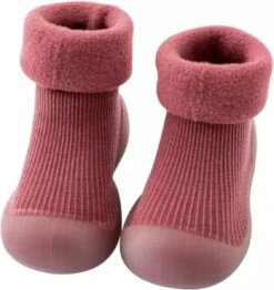 Fleece Anti-slip Babyschoentjes - Soksloffen - Eerste Loopschoentjes Van Baby-Slofje - Effen Donkerrood Maat 20/21
