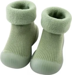 Fleece Anti-slip Schoentjes - Sok Sloffen - Eerste Loopschoentjes Van Baby-Slofje - Effen Groen - Maat 18/19