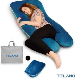 Telano Zwangerschapskussen XXL - Extra Hoes En Opbergtas - Exclusieve Gouden Rits - Velvet Stof - Voedingskussen - U Vorm - Extra Groot - Zijslaapkussen - Blauw