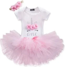 3 In 1 Set Cakesmash Outfit Meisje - Eerste Verjaardag Eenhoorn Jurk Set - Babykleding - Roze Unicorn - 1 Jaar