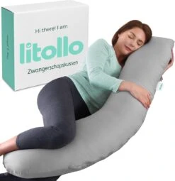 Litollo® Zwangerschapskussen (J-vorm) - Zijslaapkussen - Voedingskussen - Lichaamskussen - Body Pillow - 145cm - Afneembare Hoes - Grijs