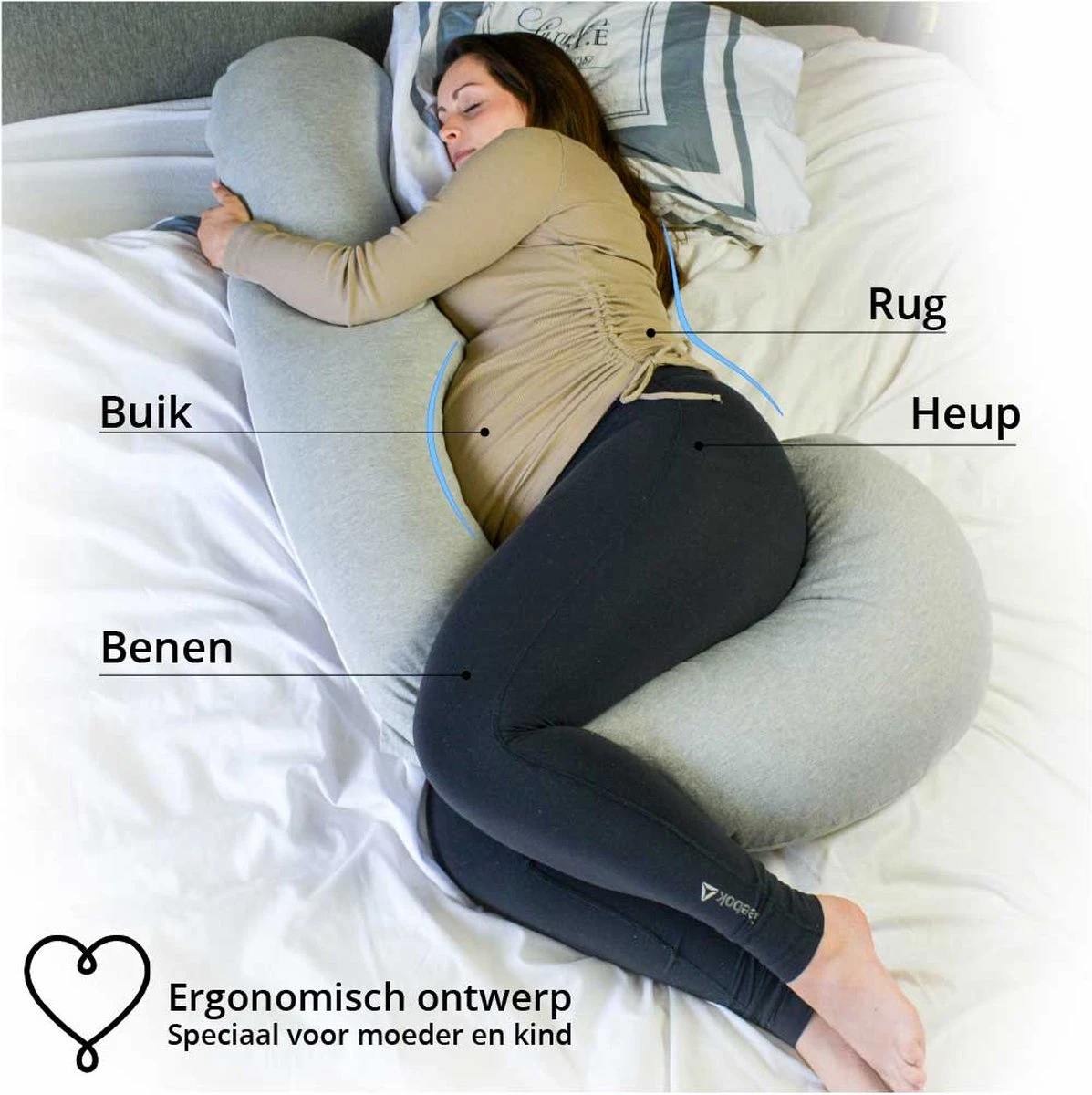 Ella® Zwangerschapskussen XXL J-vorm - Zijslaapkussen - Lichaamskussen - Voedingskussen - Body Pillow - 155cm - Afneembare Jersey Katoenen Hoes - Lichtgrijs 3 Ella® Zwangerschapskussen XXL J-vorm - Zijslaapkussen - Lichaamskussen - Voedingskussen - Body Pillow - 155cm - Afneembare Jersey Katoenen Hoes - Lichtgrijs - Afbeelding 3