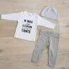 Merkloos Baby Unisex Jongen Of Meisje Cadeau Geboorte Setje 3-delig Newborn | Maat 62-68 | Grijs Mutsje En Broekje En Shirtje Lange Mouw Wit Met Zwarte Tekst Ik Mag Ook Nooit Iets Ik Ga Naar Mijn Tante | Bodysuit | Huispakje | Kraamkado | Gift Set