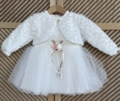 Merkloos Luxe Feestjurk-bruidsjurk-doopkleding-tule Jurk Met Jasje-blaadjesmotief-baby Jurk-tutu Rok- Tweedelige Set- Katoenen Jurk Met Steentjes En Bloem-bruidsmeisjes-doopsel-bruiloft-verjaardag-foto Shoot- Wit Ivoor Kleur - Maat 86 - 18 Tem 24maanden