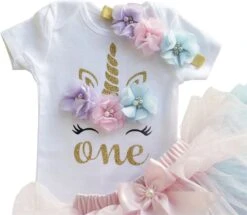 Eerste Verjaardag Eenhoorn Jurk Set, 3 In 1 Set Cakesmash Outfit Meisje - Babykleding - Roze Paars Unicorn - 1 Jaar -Goedkope Kleintje Kleding Winkel 1200x1045