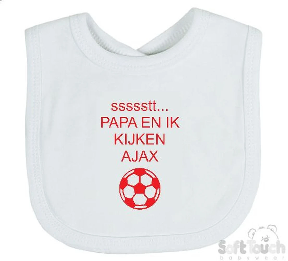 Soft Touch Slabbetje "ssssstt Papa En Ik Kijken AJAX" Unisex Katoen Wit/rood Afmeting 33 X 22 Cm 1 Soft Touch Slabbetje "ssssstt Papa En Ik Kijken AJAX" Unisex Katoen Wit/rood Afmeting 33 X 22 Cm