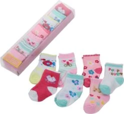 Merkloos Baby Sokken - New Born - Multipack - 0 Tot 6 Maanden - Kraam Cadeau - Pastel Kleuren - Diverse Prints -Meisjes Sokken - 7 Paar Sokken