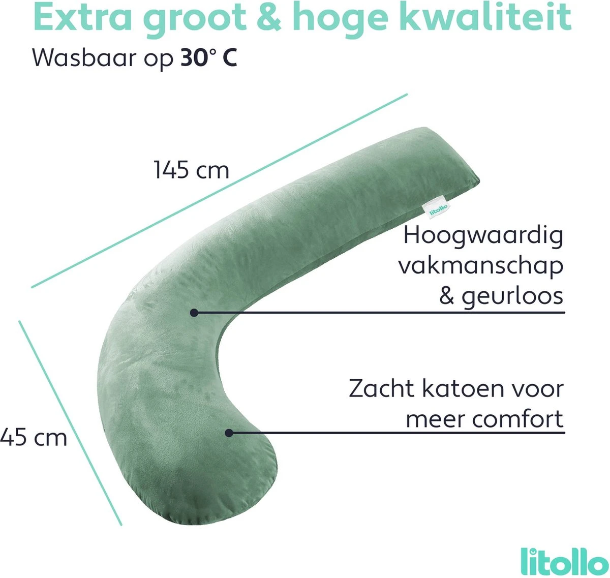 Litollo® Zwangerschapskussen (J-vorm) - Zijslaapkussen - Voedingskussen - Lichaamskussen - Body Pillow - 145cm - Zachte Fleece Stof - Afneembare Hoes - Olijfgroen 8 Litollo® Zwangerschapskussen (J-vorm) - Zijslaapkussen - Voedingskussen - Lichaamskussen - Body Pillow - 145cm - Zachte Fleece Stof - Afneembare Hoes - Olijfgroen - Afbeelding 8
