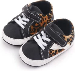 Baby Schoentjes - Babysneakers Van Completebabyuitzet - Klittenband Met Veter - Schoenmaat 20-21 – 6-12 Maanden (12cm) - Zwart, Luipaardprint