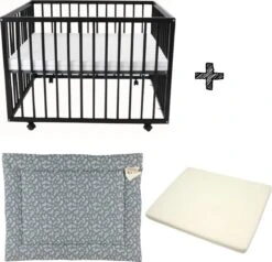 Box Met Wieltjes Standaard Zwart + Boxmatras Janine + Boxkleed Botanical Organic Blauw/Grijs