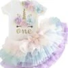 Eerste Verjaardag Eenhoorn Jurk Set, 3 In 1 Set Cakesmash Outfit Meisje - Babykleding - Roze Paars Unicorn - 1 Jaar