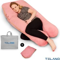Telano Zwangerschapskussen XXL - Extra Hoes En Opbergtas - Exclusieve Gouden Rits - Velvet Stof - Voedingskussen - U Vorm - Extra Groot - Zijslaapkussen - Roze