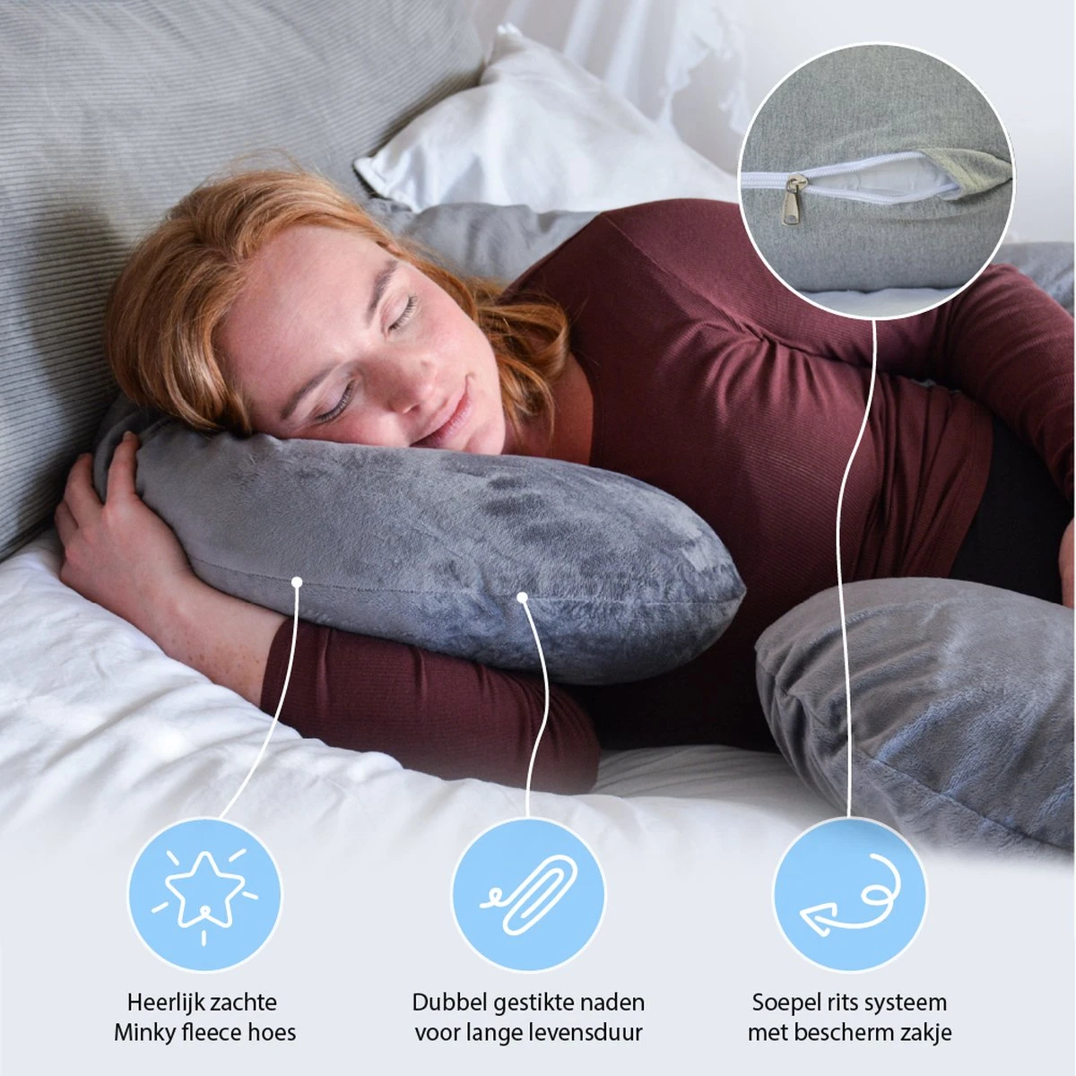 Ella® Zwangerschapskussen XXL C-vorm - Voedingskussen - Zijslaapkussen - Lichaamskussen - Body Pillow - Afneembare Minky Fleece Hoes - 150x70cm - Grijs 4 Ella® Zwangerschapskussen XXL C-vorm - Voedingskussen - Zijslaapkussen - Lichaamskussen - Body Pillow - Afneembare Minky Fleece Hoes - 150x70cm - Grijs - Afbeelding 4