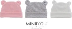 3 Pack Babymutsjes Newborn BEERvorm Roze Wit Grijs - Beren Oortjes