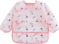 Merkloos MINIIYOU - Slabbetje Lange Mouwen Met Brede Opvangbak - Roze Flamingo - 1-3 Jaar - Wasbaar - Kliederschort - Verfschort