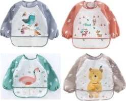 4-Pack - Slab Met Mouwen En Opvangbak - Flamingo - Vogel - Hert - Kat - 1-4 Jaar