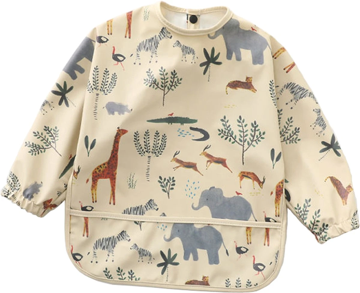 Mon Avenir - Longsleeve Slab - Waterproof - Schort Lange Mouwen - Beige - Safari Dieren 1 Mon Avenir - Longsleeve Slab - Waterproof - Schort Lange Mouwen - Beige - Safari Dieren