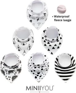 MINIIYOU® Set Van 6 Stuks | Bandana Kwijl Slabbetjes Beer Zwart Wit Jongens - Meisjes | WATERPROOF Fleece Laag Achterzijde | Baby En Peuter Slab | Puntslab | Stoere Puntsjaaltjes | Slabber Verstelbaar In 2 Maten | Groot Formaat